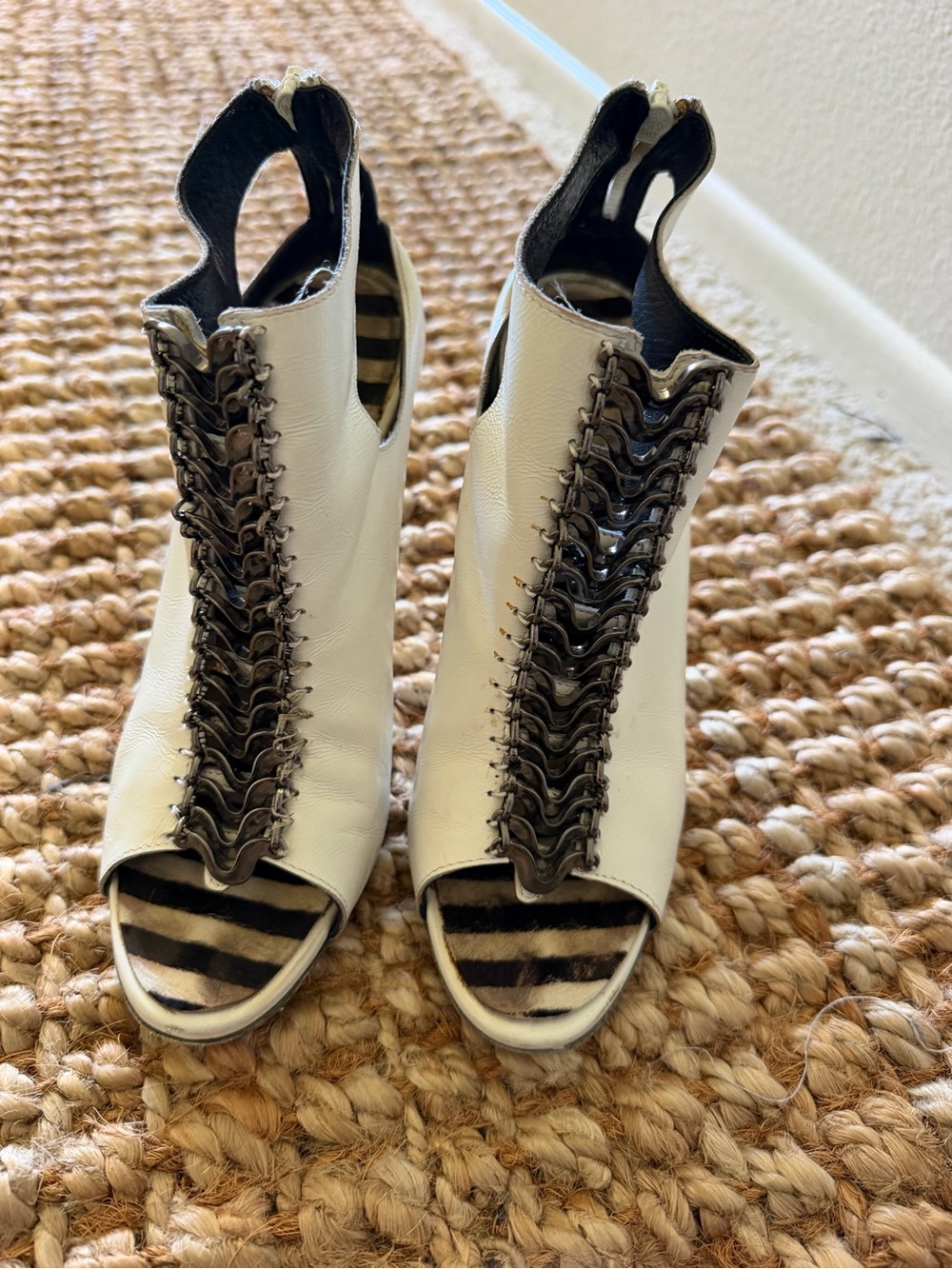 Manolo Blahnik White Open-Toe Lace-Front Heeled Booties with Black Stripe Insole